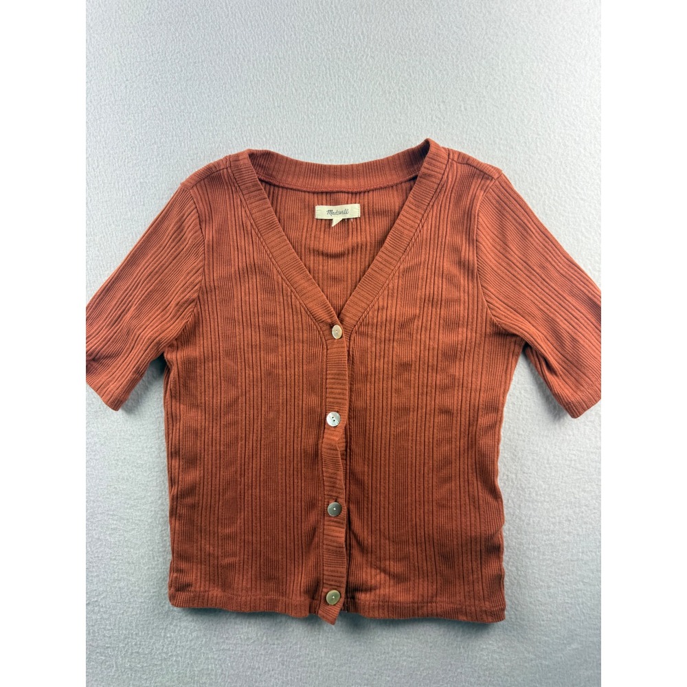 Madewell Womens Short Sleeve Ribbed Cardigan Top Rust Orange V-Neck Size S